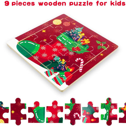 8-Pack Christmas Wooden Puzzles – 9-Piece Set for Toddlers & Kids’ Stocking Stuffers