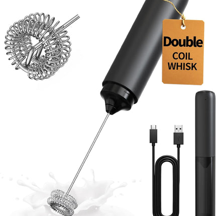 Black Handheld Milk Frother – Dual Whisk, Rechargeable & Portable