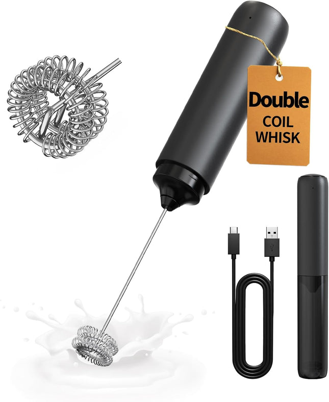 Black Handheld Milk Frother – Dual Whisk, Rechargeable & Portable