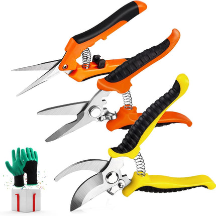3 Pack Garden Pruning Shears – Stainless Steel Blades with Gardening Gloves