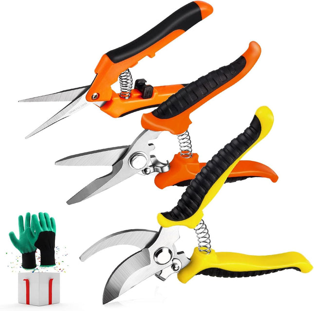 3 Pack Garden Pruning Shears – Stainless Steel Blades with Gardening Gloves