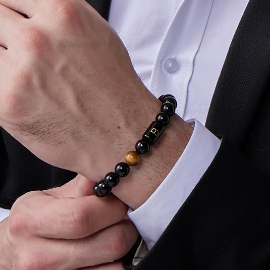 Men's Personalized Initial Bracelet, Black Onyx Tiger Eye Beads with Braided Rope