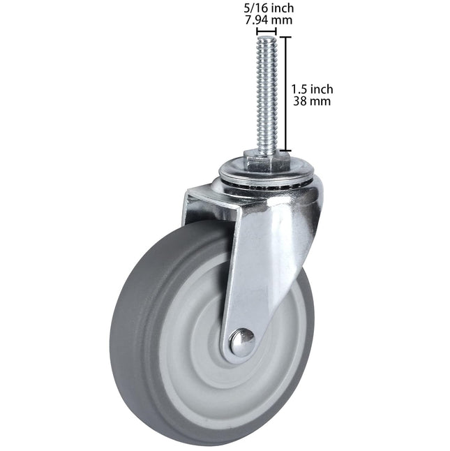 3 Inch Caster Wheels Set of 4 Heavy Duty Threaded Stem Swivel Rubber Casters