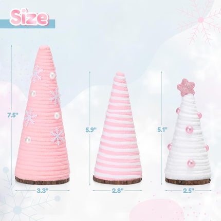 3PCS Pink & White Mini Yarn Christmas Trees, Farmhouse Table & Tiered Tray Decor