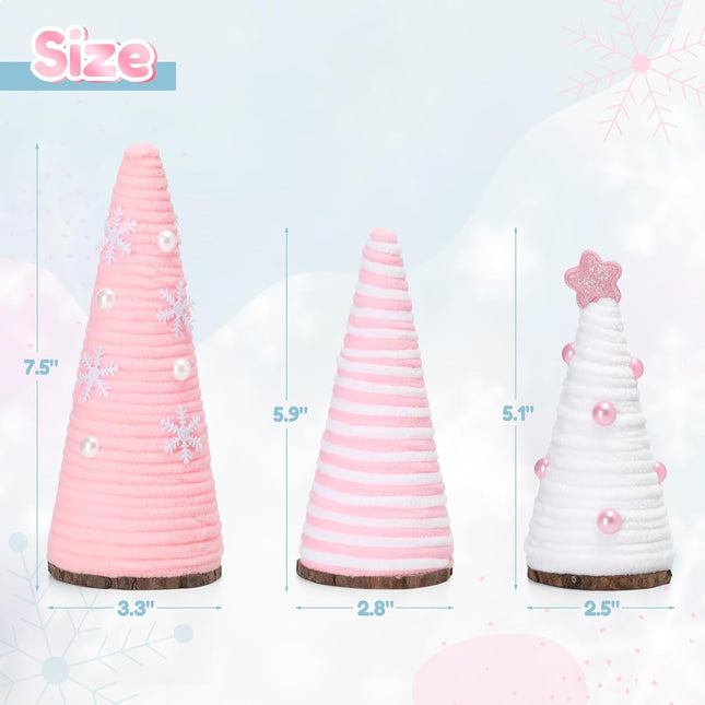 3PCS Pink & White Mini Yarn Christmas Trees, Farmhouse Table & Tiered Tray Decor