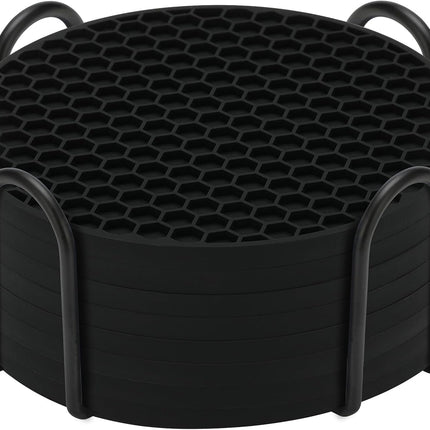 8 Pack Silicone Drink Coasters with Holder, Non-Slip Coffee Table Coaster Set