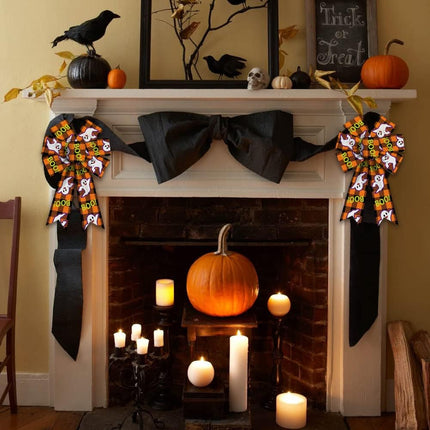 2-Piece Halloween Wreath Bows, Ghost Boo Plaid Burlap Linen Ribbon Home Decor