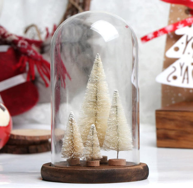 8PCS Mini Bottle Brush Christmas Trees – Frosted Sisal Trees with Wooden Bases