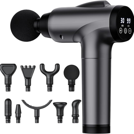 Massage Gun Deep Tissue 30 Speeds 9 Attachments Quiet Muscle Massager Grey Pain