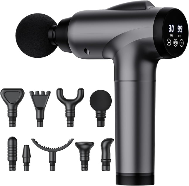 Massage Gun Deep Tissue 30 Speeds 9 Attachments Quiet Muscle Massager Grey Pain