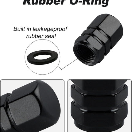 Aluminum Tire Valve Stem Caps 4PCS Black, Hexagon Wheel Dustproof Covers