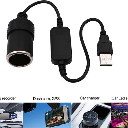 USB A Male to 12V Car Socket Converter Cable – 8W Max, Female Lighter Adapter