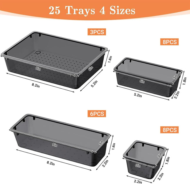 25-Piece Plastic Drawer Organizer Set – 4 Sizes for Makeup, Jewelry & More