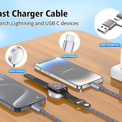 4FT 3-in-1 USB C Charging Cable – for Apple Watch & iPhone 16/15/14, Travel Essential