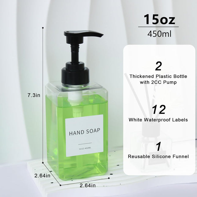 2-Pack Clear Plastic Soap Dispensers 15oz with Waterproof Labels and Silicone Funnel