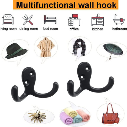 10-Pack Wall Hooks – Heavy Duty Black Coat & Double Robe Hooks, No Rust