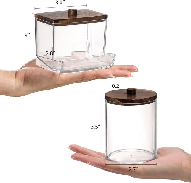 Cotton Ball & Q-tips Jar – 10oz Bathroom Storage with Brown Wooden Lid