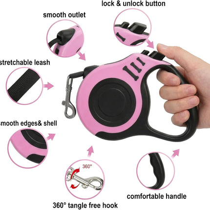 Retractable Dog Leash 16FT with Bowl, Waste Bags, for Small/Medium Dogs (Pink)