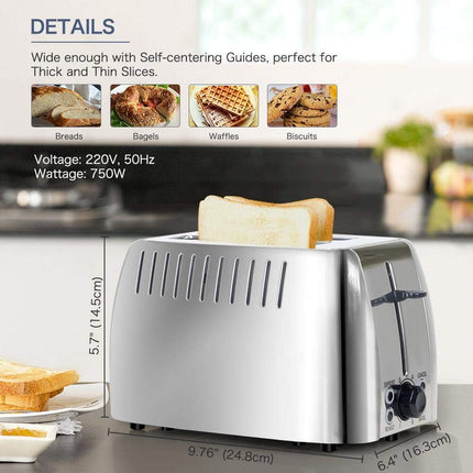 750W 2-Slice Bagel Toaster with 6 Browning Settings and Defrost Function