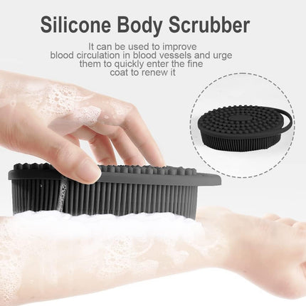 2-Pc Silicone Body Scrubber & Shampoo Brush, Exfoliating Shower Loofah, Black Pink