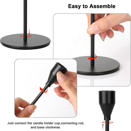 Matte Black Candle Holders Set of 3 – Taper & LED Candles, Metal Stand