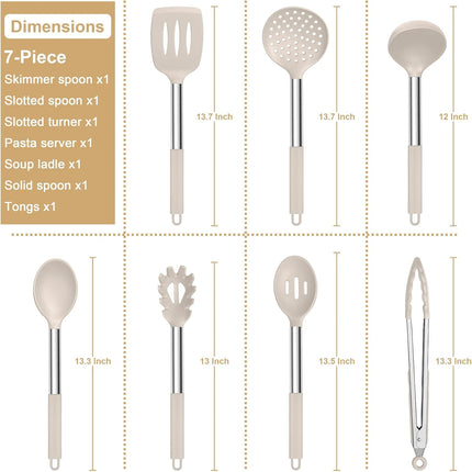 7 Pc Silicone Cooking Utensils Set Khaki Heat Resistant Stainless Steel Handle