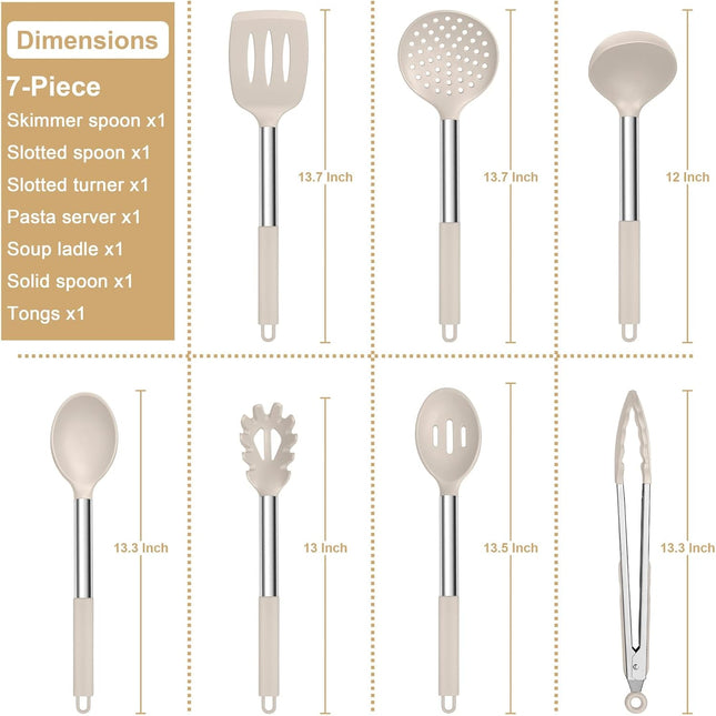 7 Pc Silicone Cooking Utensils Set Khaki Heat Resistant Stainless Steel Handle