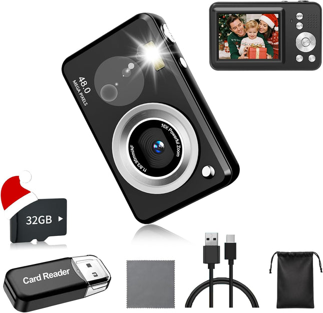 Compact Kids Camera 1080P FHD 48MP 16X Zoom Anti-Shake 32GB Card