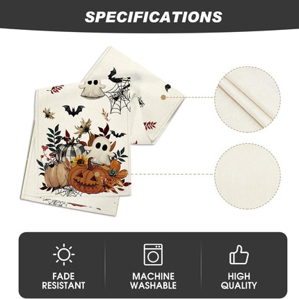 210 GSM Halloween Table Runner 13x72in, Pumpkin Ghost Spider Web Dining Decor