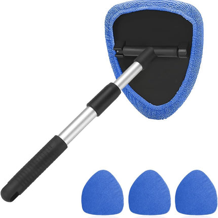 Extendable Car Windshield Cleaning Tool 180° Rotating Head Microfiber Pads Blue