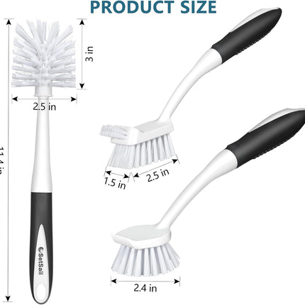 3 Pack Dish Brush Set Bottle Scrub Brush Long Handle Kitchen Cleaning Black