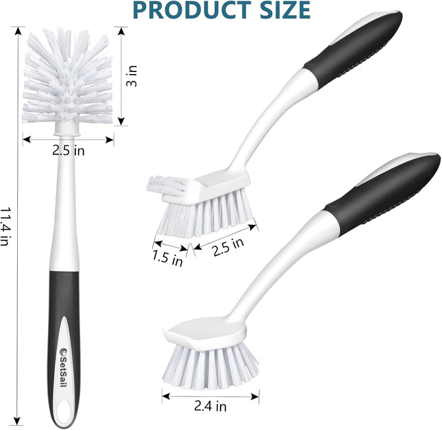 3 Pack Dish Brush Set Bottle Scrub Brush Long Handle Kitchen Cleaning Black