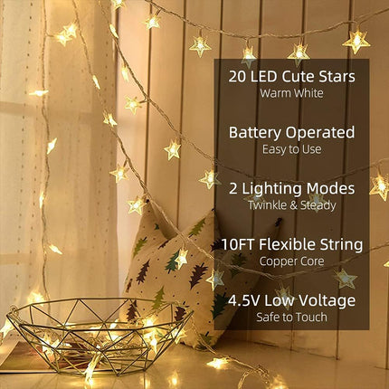 Star String Lights – 10Ft 20 LED Battery-Operated Fairy Lights, Waterproof for Indoor & Outdoor