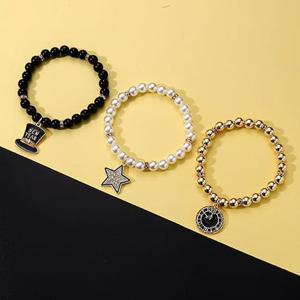 Happy New Year Charm Bracelets – Pearl Beaded NYE Party Gifts for Women