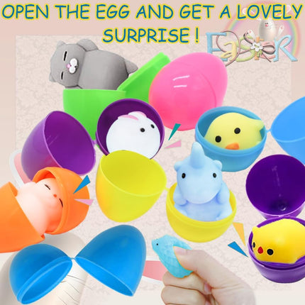 28PCS Easter Eggs + 28PCS Mochi Squishy Toys – Animal Squishies for Kids & Party Favors