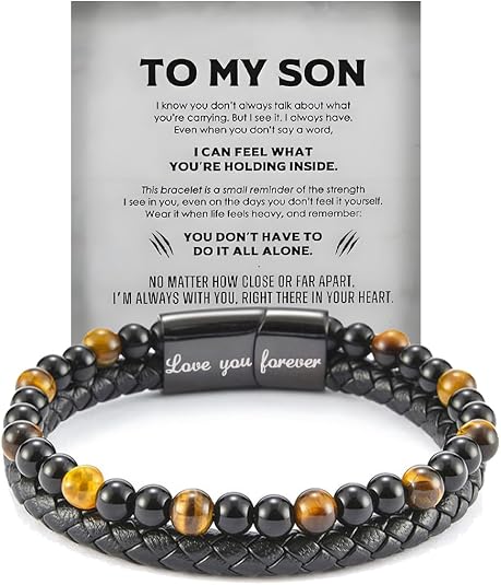 Tiger Eye Bracelet for Son, Black Leather Beaded Men's Jewelry Gift from Parents