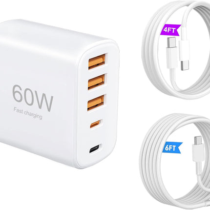 60W 5 Port USB C Charger with Cables Fast Wall Adapter for iPhone Samsung
