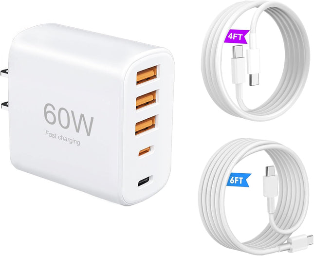 60W 5 Port USB C Charger with Cables Fast Wall Adapter for iPhone Samsung