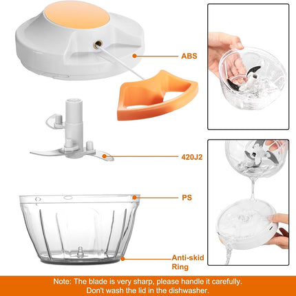 500ml Manual Food Chopper with 3 Stainless Steel Blades Pull String Garlic Mincer White