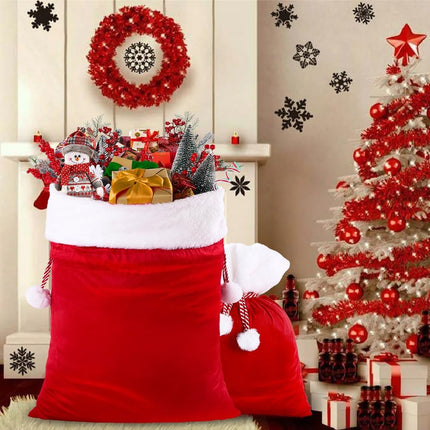 2PCS Christmas Velvet Santa Bags – Large Red Gift Bags with Drawstring for Holiday Gifts