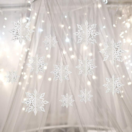 12PCS Christmas Snowflake Decorations – 3D Glitter White Hanging Decor