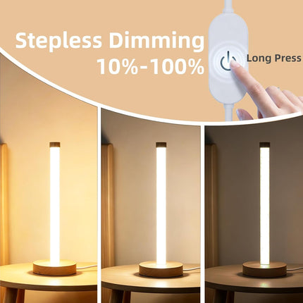 Wood Cylinder Table Lamp 360° Light Stepless Dimming 3 Color Temperatures USB