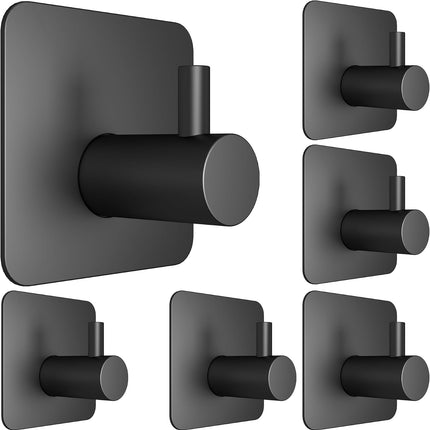 6PCS Black Adhesive Wall Hooks, Waterproof Heavy Duty Towel Hooks for Shower