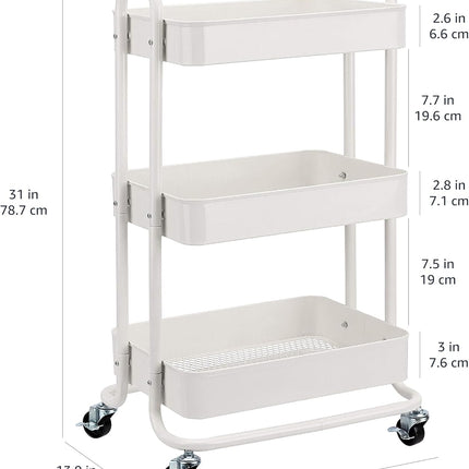3-Tier White Rolling Metal Utility Cart with Lockable Wheels, Mesh Shelves and Storage Bins