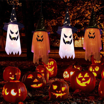2-Pack 38in Hanging Lighted Ghosts with Witch Hats, LED Indoor Outdoor Halloween Decor