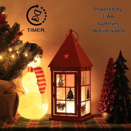 Christmas Lantern Decor 15" – Red Metal Candle Holder with Snowman & LED String