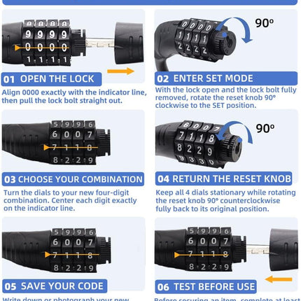 32in 4-Digit Combination Bike Lock, 10mm PVC-Coated Steel Cable for Bikes & Scooters