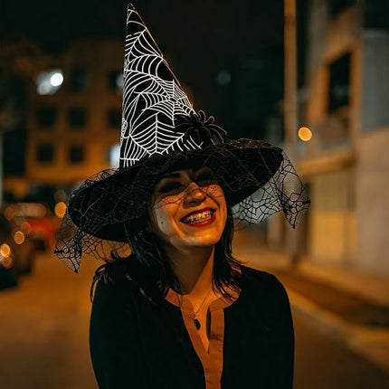 Foldable Lace Witch Hat with Spider Web Veil, Halloween Costume & Party Accessory