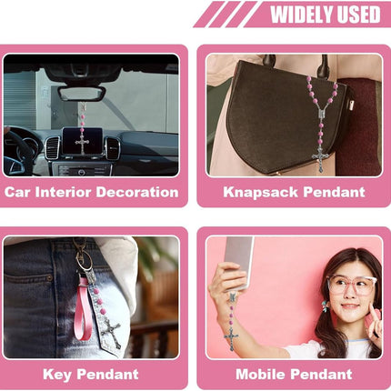 2PCS Car Rosary Rearview Mirror Pendant, Pink Rose Cross Medal Hanging Decor