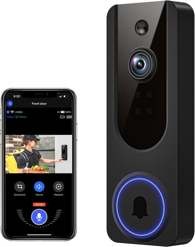 1080p WiFi Video Doorbell – Battery, AI Motion, Two-Way Talk, Night Vision